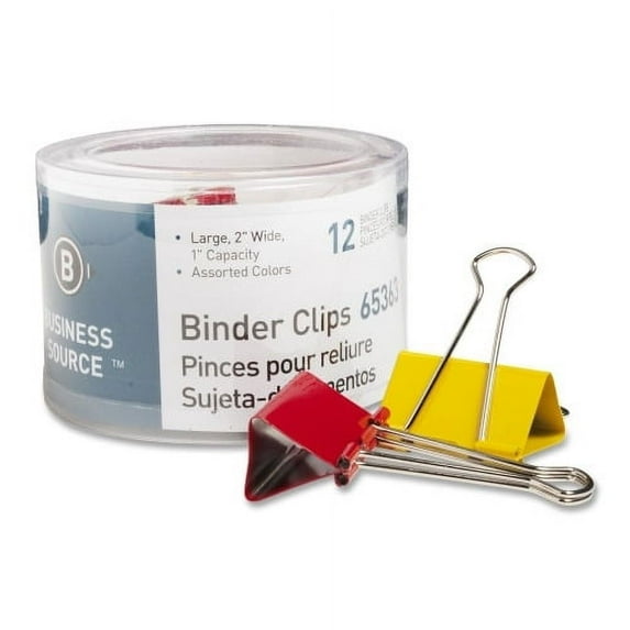 Business Source Colored Fold-back Binder Clips Large - 2" Width - 1" Size Capacity - 12 / Pack - Assorted - Steel