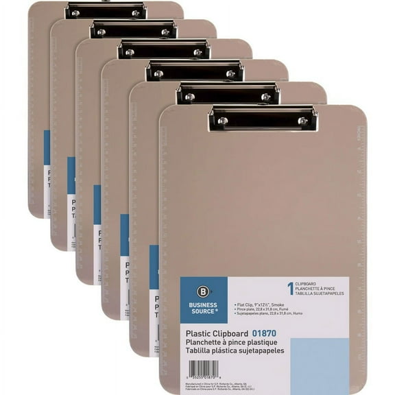 Business Source Flat Clip Plastic Clipboard - 9" x 12" - Low-profile - Plastic - Smoke - 6 / Bundle | Bundle of 2 Bundles