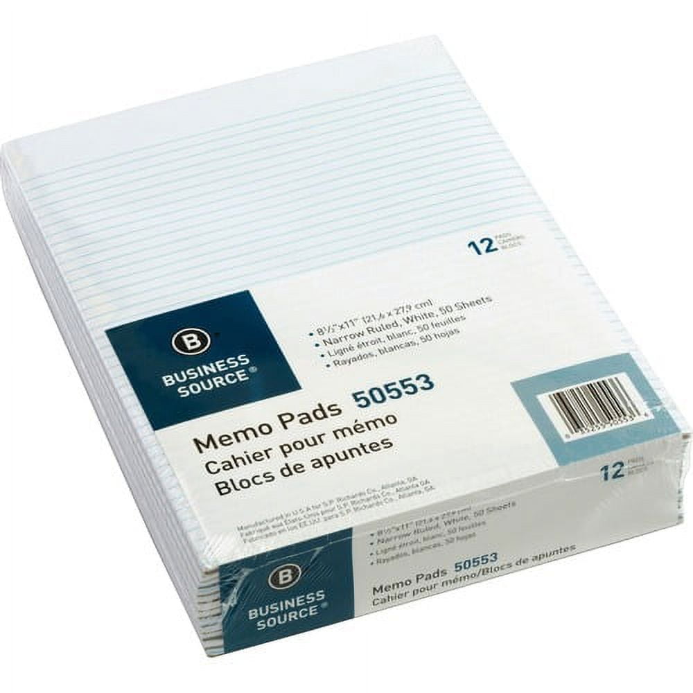 Business Source Glued Top Ruled Memo Pads - Letter - 50 Sheets - Glue - Narrow Ruled - 16 lb Basis Weight - Letter - 8 1/2 Business Source Glued Top Ruled Memo Pads - Letter - 50 Sheets - Glue - Narrow Ruled - 16 lb Basis Weight - Letter - 8 1/2