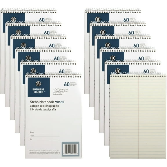 Business Source Green Tint Steno Notebook - 60 Sheets - Coilock - Gregg Ruled - 6" X 9" - Green Tint Paper - Stiff-back, Sturdy - 12 / Pack