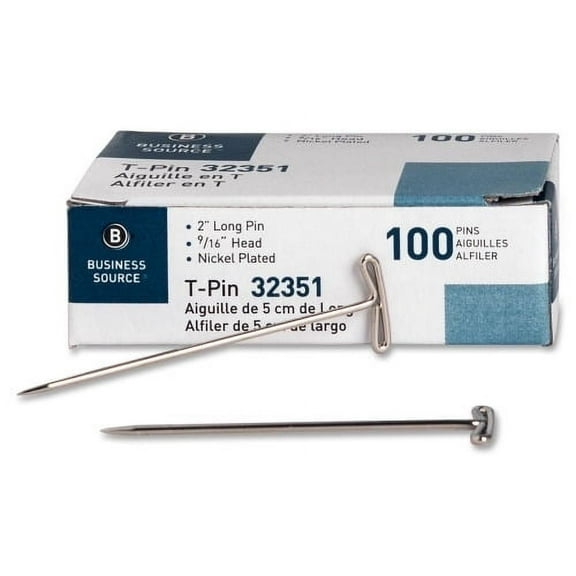Business Source High Quality Steel T-pins 2" Length x 0.6" Width - 100 / Box - Silver - Steel