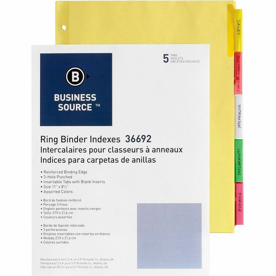 Business Source Insertable Tab Ring Binder Indexes - 5 Blank Tab(s)2" Tab Width - 8.5" Divider Width X 11" Divider Length - Letter - 3 Hole Punched - Multicolor Tab(s) - 50 / Box
