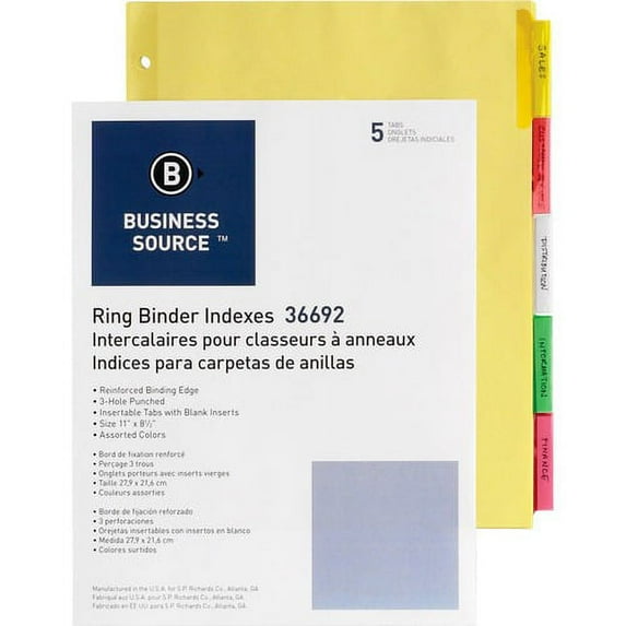 Business Source Insertable Tab Ring Binder Indexes - 5 Blank Tab(s)2" Tab Width - 8.5" Divider Width x 11" Divider Length - Letter - 3 Hole Punched - Multicolor Tab(s) - 5 / Se | Bundle of 10 Sets