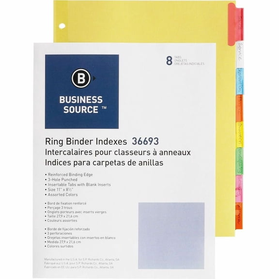 Business Source Insertable Tab Ring Binder Indexes, 8 Blank Tabs, 1.50" Tab Width x 8.5" x 11" Divider, 50/Box