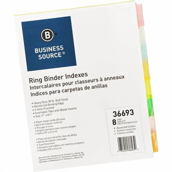Business Source Insertable Tab Ring Binder Indexes, 8 Blank Tab(s), 1.50" Tab Width, 8.5" Divider Width x 11" Divider Length, Letter, 3 Hole Punched (36693BX) | 5 Boxes (250 Sets)