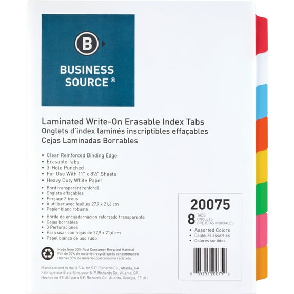 Business Source Laminated Write-On Tab Indexes - 8 Write-on Tab(s) - 8 Tab(s)/Set - 11" Tab Height x 8.50" Tab Width - 3 Hole Punched - Self-adhesive, Removable - Multicolor Mylar | Bundle of 5