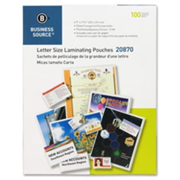 Business Source  Laminating Pouch- Ltr- 3Mil- 9 in. x 11.5 in.- 100-BX- Clear