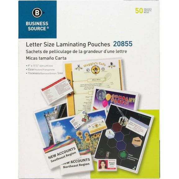 Business Source Laminating Pouches Letter 5Mil 9"x11-1/2" 50/BX Clear 20855