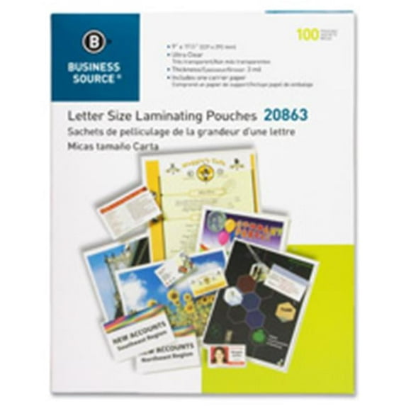 Business Source Laminating Pouches, Ltr, 3Mil, 9 in. x 11.5 in., 100-BX, Clear