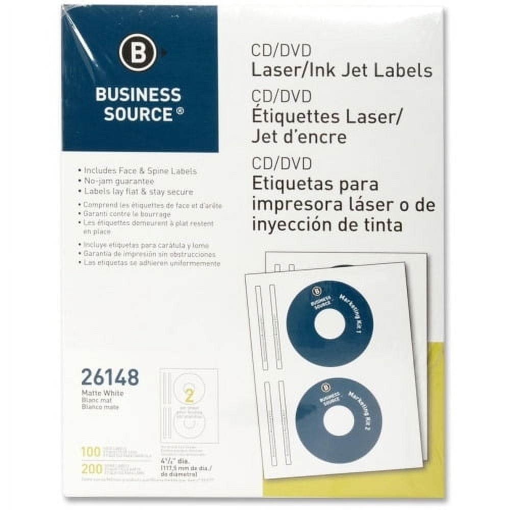 Business Source Laser/Inkjet CD/DVD Labels Permanent Adhesive 4.62" Diameter Circle Inkjet