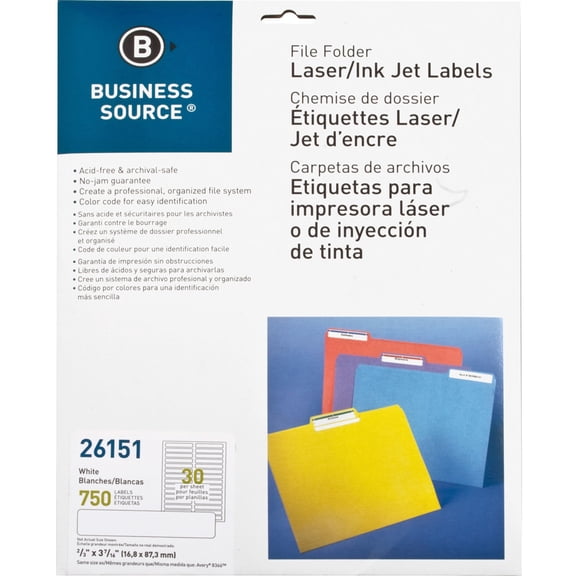 Business Source Laser/Inkjet Permanent File Folder Labels - 43/64" x 3 7/16" Length - Permanent Adhesive - Rectangle - Laser, Inkjet - White - 30 / Sheet - 750 / Pack | Bundle of 5
