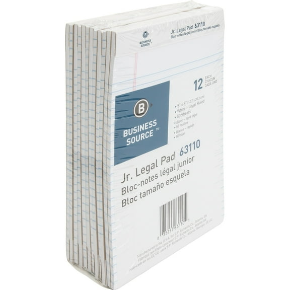 Business Source Legal Pads Jr. Legal Ruled 50 Sht 5"x8" 12Pack WE 63110