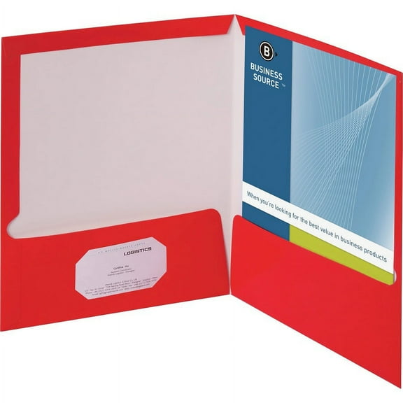 Business Source Letter Pocket Folder - 8 1/2" x 11" - 100 Sheet Capacity - 2 Internal Pocket(s) - Card Paper - Red - 25 / Box | Bundle of 5