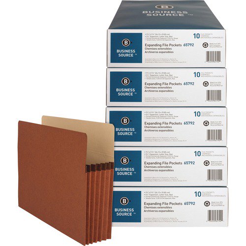 Business Source Letter Recycled File Pocket, 8 1/2" x 11", 1200 Sheets Capacity, 5 1/4" Expansion, Redrope, Sturdy, Gusset, Durable, Tear Proof (65792CT) | 2 Cartons (10 Boxes)