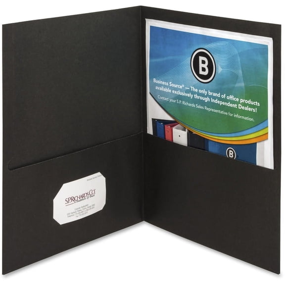 Business Source Letter Recycled Pocket Folder - 8 1/2" x 11" - 125 Sheet Capacity - 2 Inside Front & Back Pocket(s) - Paper - Black - 35% Recycled - 25 / Box | Bundle of 5