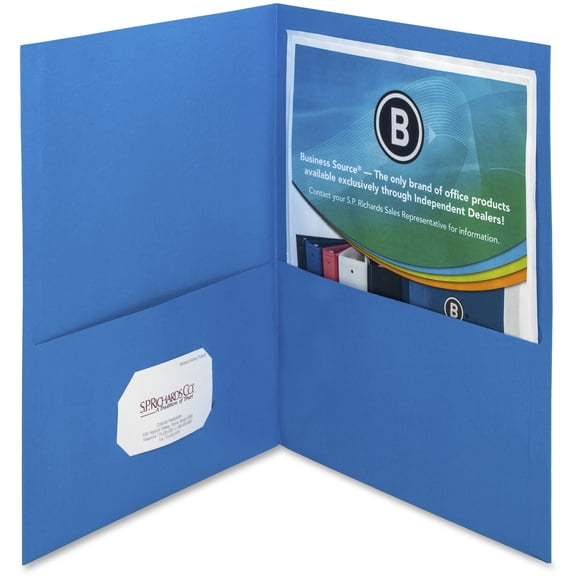 Business Source Letter Recycled Pocket Folder - 8 1/2" x 11" - 125 Sheet Capacity - 2 Inside Front & Back Pocket(s) - Paper - Blue - 35% Recycled - 25 / Box | Bundle of 5