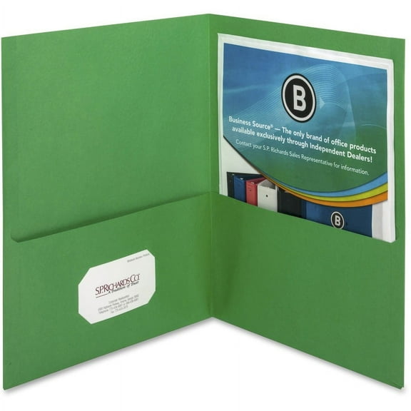 Business Source Letter Recycled Pocket Folder - 8 1/2" x 11" - 125 Sheet Capacity - 2 Inside Front & Back Pocket(s) - Paper - Green - 35% Recycled - 25 / Box | Bundle of 5