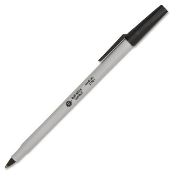 Business Source Medium Point Ballpoint Stick Pens Medium Pen Point - Black - Light Gray Barrel - Stainless Steel Tip - 12 / Dozen