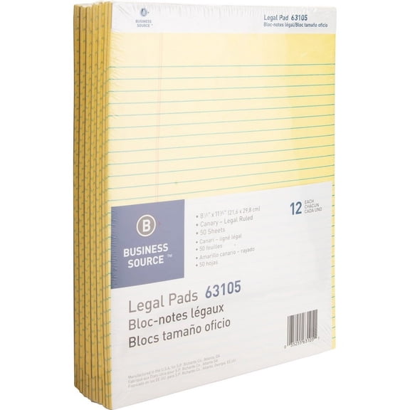 Business Source Micro-Perforated Legal Ruled Pads - 50 Sheets - 0.34" Ruled - 16 lb Basis Weight - 8 1/2" x 11 3/4" - Canary Paper - Micro Perforated, Easy Tear, Sturdy Back - 12 / Dozen | Bundle of 5