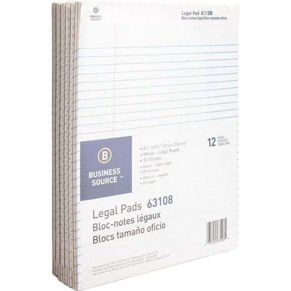 Business Source Micro-Perforated Legal Ruled Pads - 50 Sheets - 0.34" Ruled - 16 lb Basis Weight - 8 1/2" x 11 3/4" - White Paper - Micro Perforated, Easy Tear, Sturdy Back - 12 / Dozen | Bundle of 5
