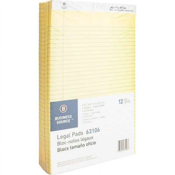 Business Source Micro - Perforated Legal Ruled Pads - Legal - 50 Sheets - 0.34" Ruled - 16 lb Basis Weight - 8 1/2" x 14" - Canary Paper - Micro Perforated, Easy Tear, Sturdy Back | Bundle of 5