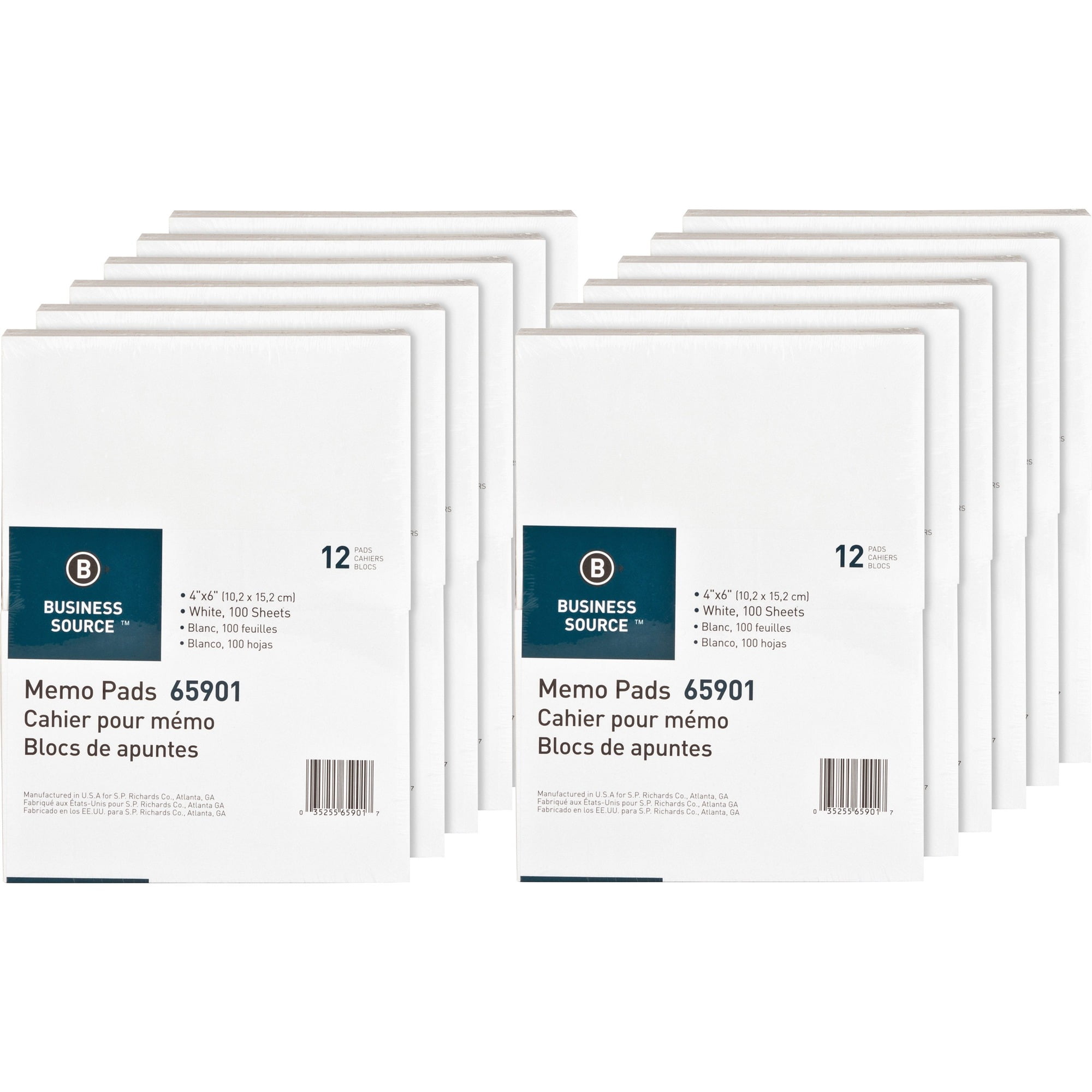 Business Source Plain Memo Pads - 100 Sheets - Plain - Glued - Unruled - 15 Lb Basis Weight - 4" X 6" - White Paper - Chipboard Backing - 144 / Carton