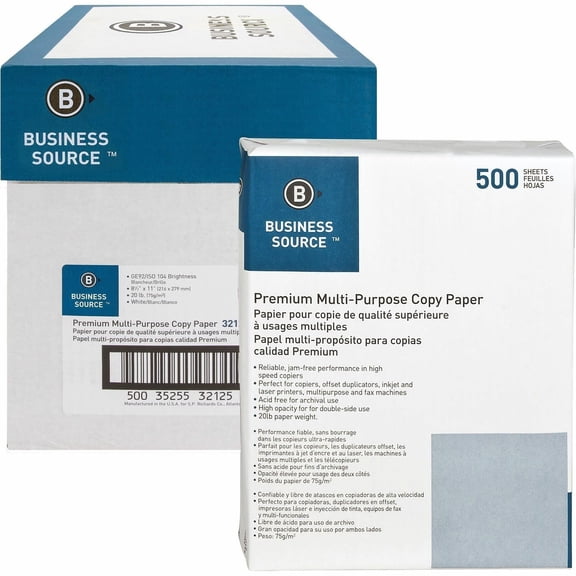 Business Source, BSN32125, Premium Multipurpose Copy Paper, 2500 / Carton, White