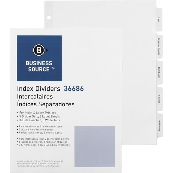Business Source Punched Tabbed Laser Index Dividers - 5 Blank Tab(s) - 11" Divider Width - 3 Hole Punched - White Paper Divider - White Tab(s) - 5 / Pack | Bundle of 5