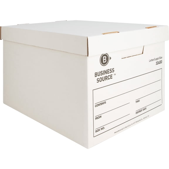 Business Source Quick Setup Medium-duty Storage Box - External Dimensions: 12" Width X 15" Depth X 10"height - Media Size Supported: Legal, Letter - Lift-off Closure - Medium Duty - Stackable - White
