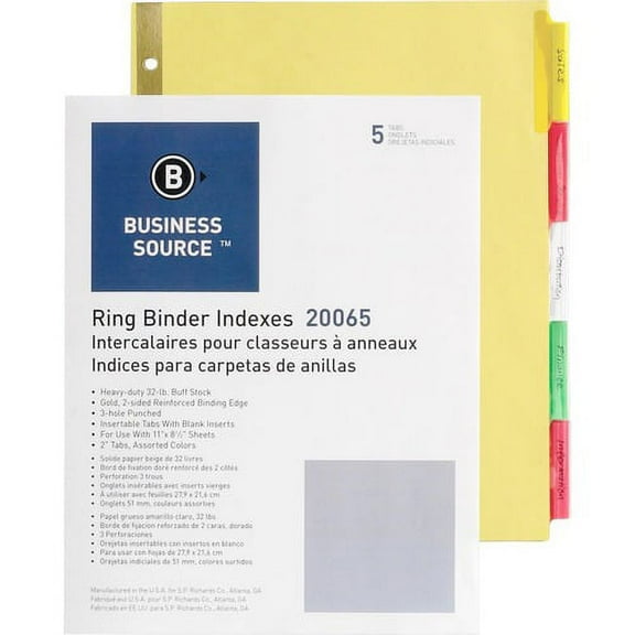 Business Source Reinforced Insertable Tab Indexes - 5 Tab(s)2" Tab Width - 8.5" Divider Width x 11" Divider Length - Letter - 3 Hole Punched - Buff Divider - Manila Tab(s) - 5 | Bundle of 10 Sets