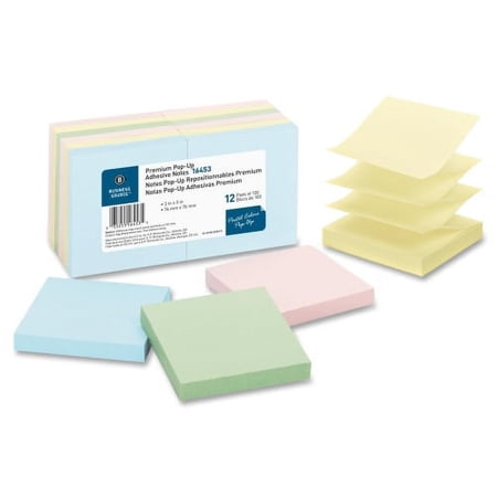 Business Source Reposition Pop-up Adhesive Notes 3" x 3" - Square - Assorted Pastel - Removable, Repositionable, Solvent-free Adhesive - 12 / Pack