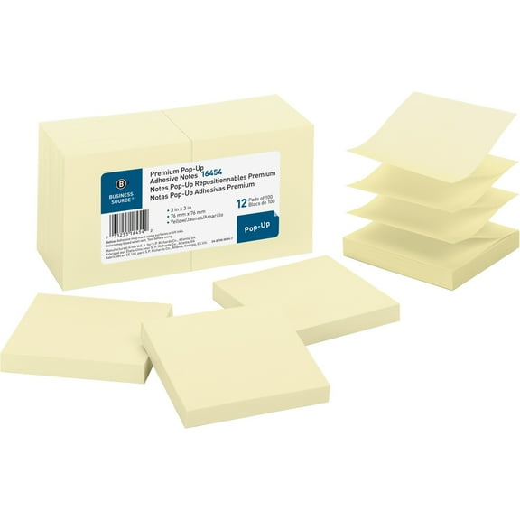 Business Source, BSN16454, Reposition Pop-up Adhesive Notes, 12 / Pack, Yellow