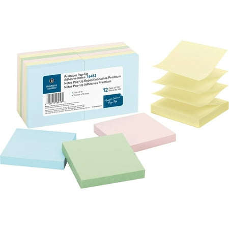 Business Source Reposition Pop-up Adhesive Notes - 3" x 3" - Square - Assorted Pastel - Removable, Repositionable, Solvent-free Adhesive - 12 / Pack | Bundle of 5