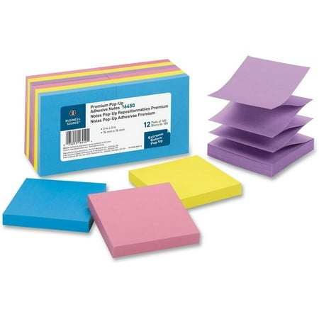 Business Source Reposition Pop-up Adhesive Notes - 3" x 3" - Square - Assorted - Removable, Repositionable, Solvent-free Adhesive - 12 / Pack | Bundle of 2 Packs