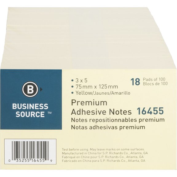 Business Source Repositionable Notes - 3" x 5" - Rectangle - Yellow - Repositionable, Solvent-free Adhesive - 18 / Pack | Bundle of 5