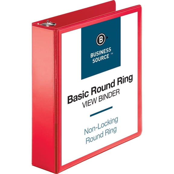 Business Source Round Ring Binder - 2" Binder Capacity - Round Ring Fastener(s) - 2 Internal Pocket(s) - Red - Clear Overlay, Labeling Area - 1 Each | Bundle of 5
