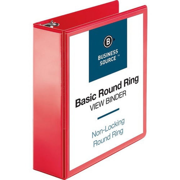 Business Source Round Ring Binder - 3" Binder Capacity - Round Ring Fastener(s) - 2 Internal Pocket(s) - Red - Clear Overlay, Labeling Area - 1 Each | Bundle of 10 Each