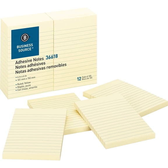 Business Source Ruled Adhesive Notes - 4" x 6" - Rectangle - Ruled - Yellow - Solvent-free Adhesive, Self-adhesive - 12 / Pack | Bundle of 5