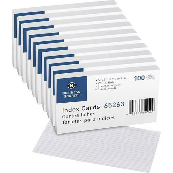 Business Source Ruled White Index Cards - Front Ruling Surface - Ruled - 72 lb Basis Weight - 5" x 8" - White Paper - 500 / Box | Bundle of 10 Boxes