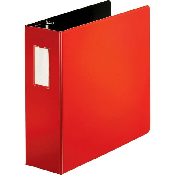 Business Source Slanted D-ring Binders - 4" Binder Capacity - 3 x D-Ring Fastener(s) - 2 Internal Pocket(s) - Chipboard, Polypropylene - Red - PVC-free, Non-stick, Label Holder, Ga | Bundle of 5