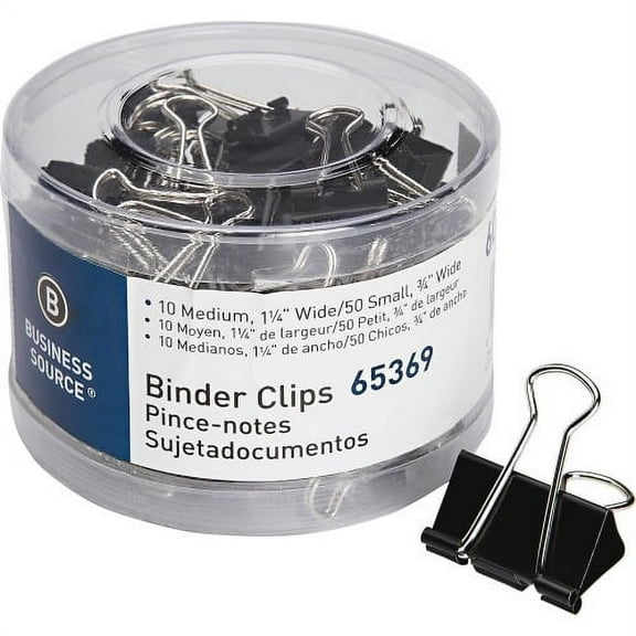 Business Source Small/Medium Binder Clips Set Small, Medium - for Paper, Project, Document - 60 / Pack - Black - Steel, Zinc