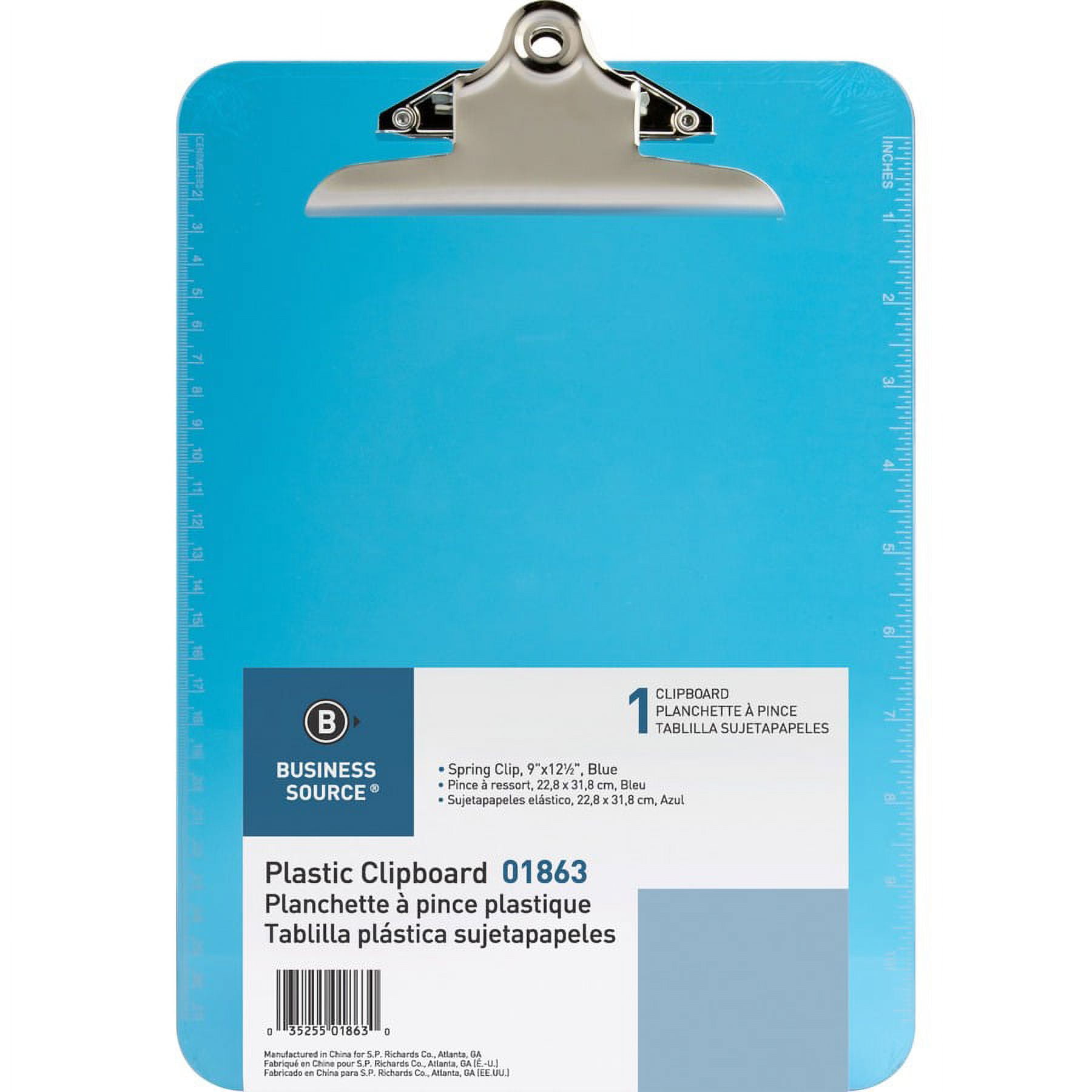 Business Source Spring Clip Plastic Clipboard - 8 1/2" x 11" - Spring Clip - Plastic - Blue - 1 Each | Bundle of 5