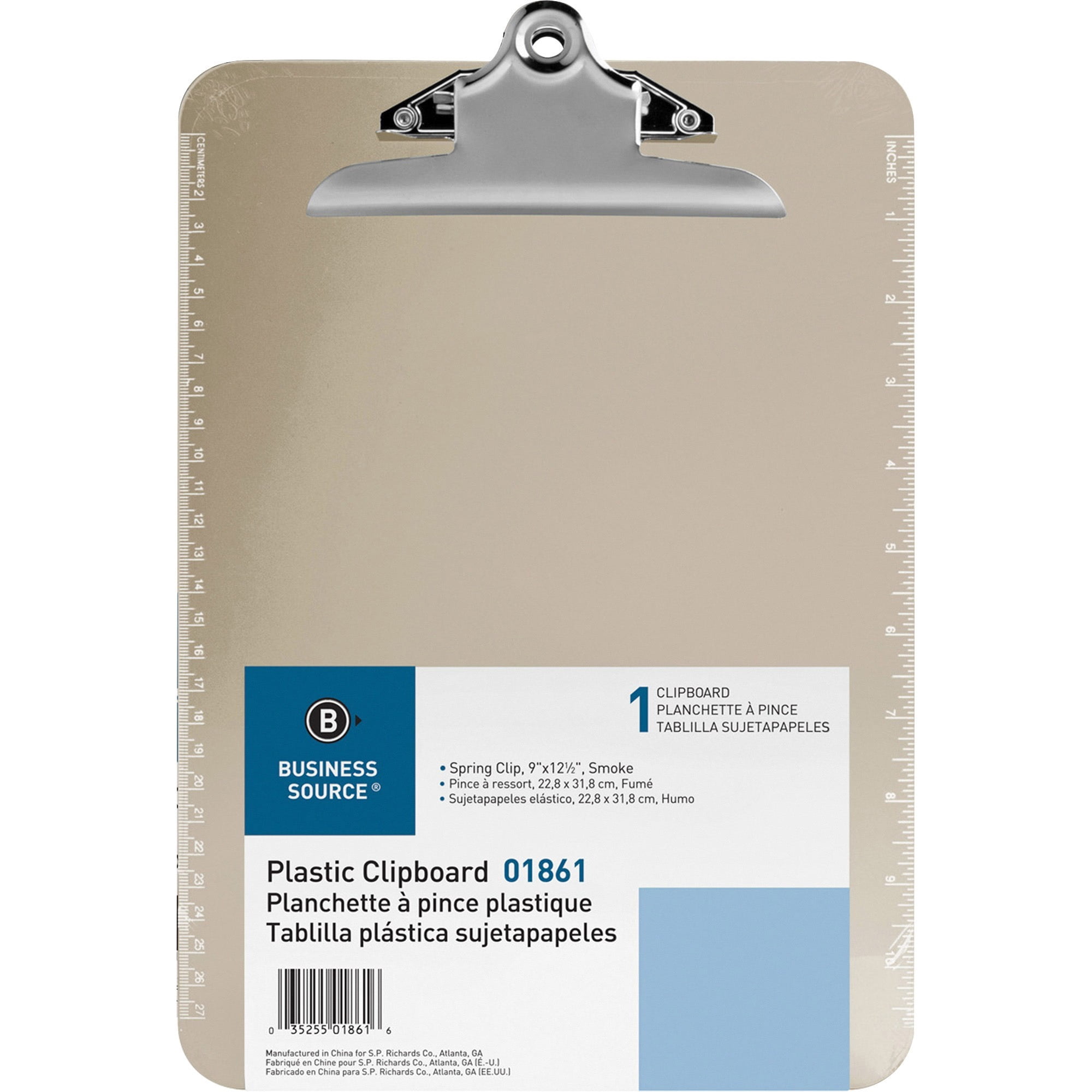 Business Source Spring Clip Plastic Clipboard - 8 1/2" x 11" - Spring Clip - Plastic - Smoke - 1 Each | Bundle of 5