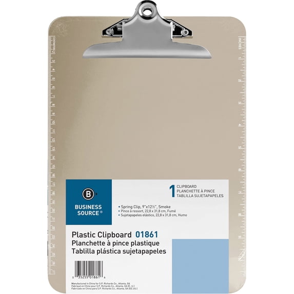 Business Source Spring Clip Plastic Clipboard - 8 1/2" x 11" - Spring Clip - Plastic - Smoke - 1 Each | Bundle of 5