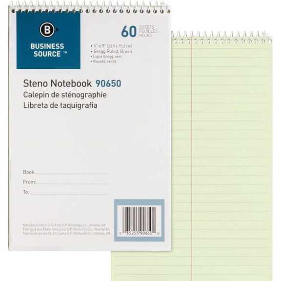 Business Source Steno Notebook - 60 Sheets - Coilock - Gregg Ruled - 6" x 9" - Green Tint Paper - Stiff-back - 1 Each | Bundle of 10 Each