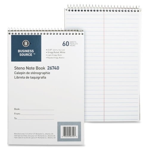 Business Source Steno Notebook 60 Sheets - Wire Bound - Gregg Ruled - 15 lb Basis Weight - 6" x 9" - White Paper - Stiff-back - 1Each