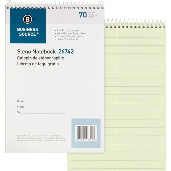 Business Source Steno Notebook - 70 Sheets - Wire Bound - Pitman Ruled - 6" x 9" - Green Paper - Stiff-back - 1 Each | Bundle of 2 Each