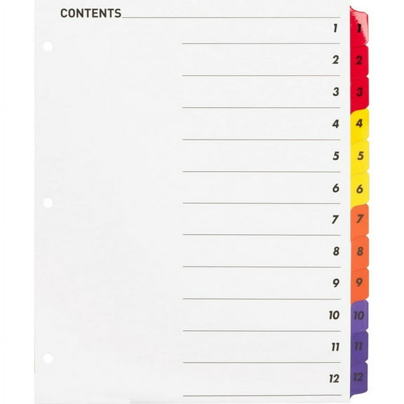 Business Source Table of Content Quick Index Dividers - Printed Tab(s) - Digit - 1-12 - 12 Tab(s)/Set - 8.5" Divider Width x 11" Divider Length - 3 Ho | Bundle of 2 Sets