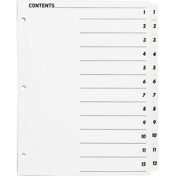 Business Source Table of Content Quick Index Dividers - Printed Tab(s) - Digit - 1-12 - 12 Tab(s)/Set - 8.5" Divider Width x 11" Divider Length - 3 Ho | Bundle of 2 Sets