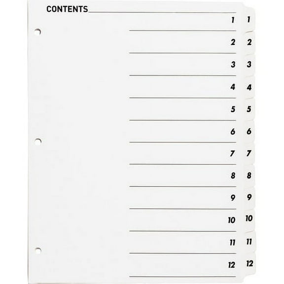 Business Source Table of Content Quick Index Dividers - Printed Tab(s) - Digit - 1-12 - 12 Tab(s)/Set - 8.5" Divider Width x 11" Divider Length - 3 Hole Punched - White Divider | Bundle of 10 Sets